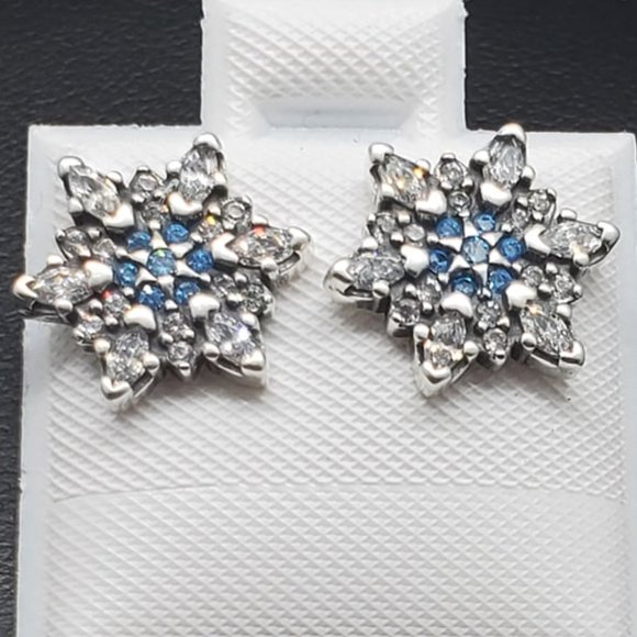 925 Silver Snowflake Blue and Clear CZ Stud Earrings - Picture 4 of 12